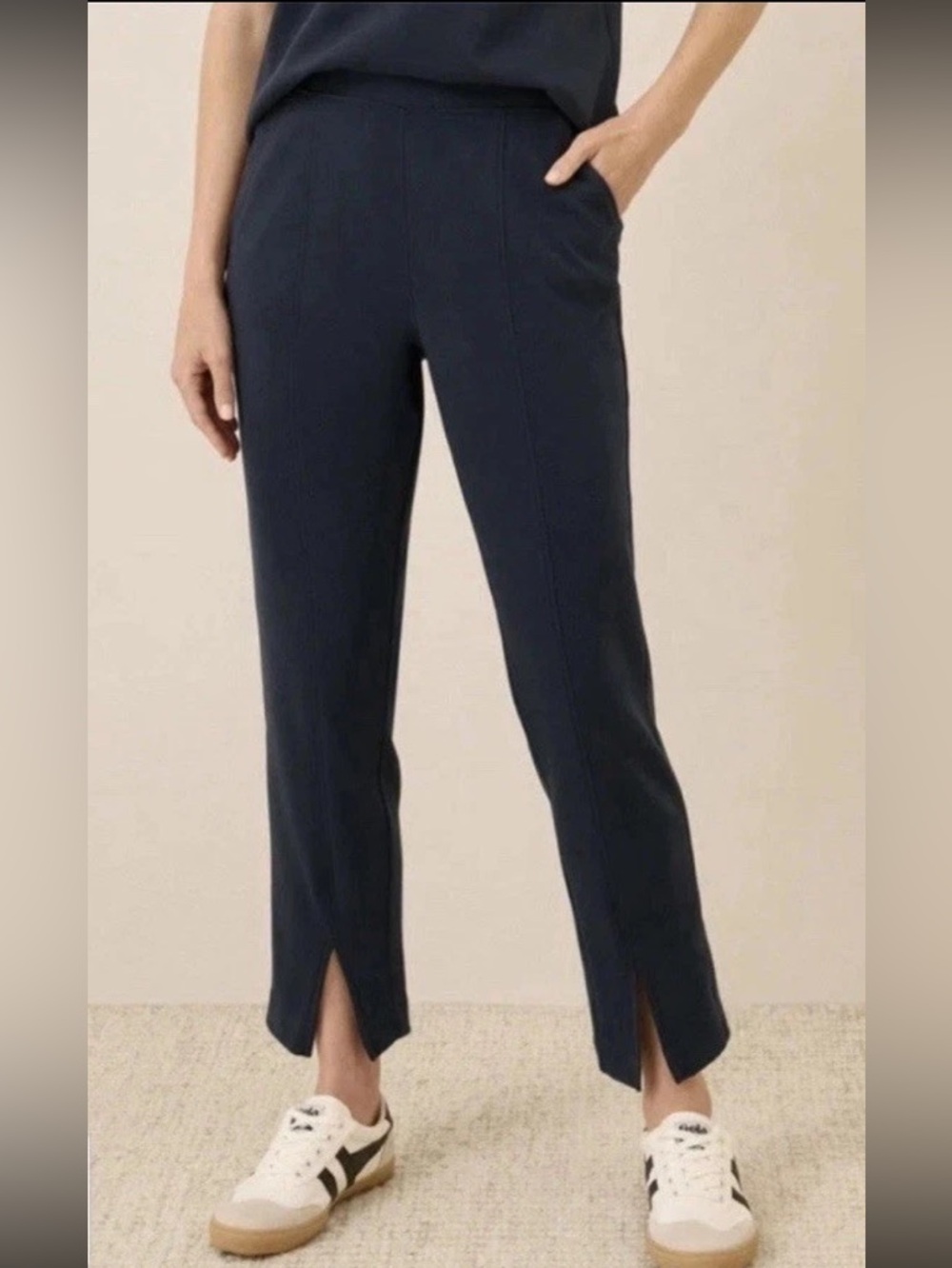 NEW! Pact Women's Organic Airplane Tapered Leg Pant Blue Size Large Split Hem